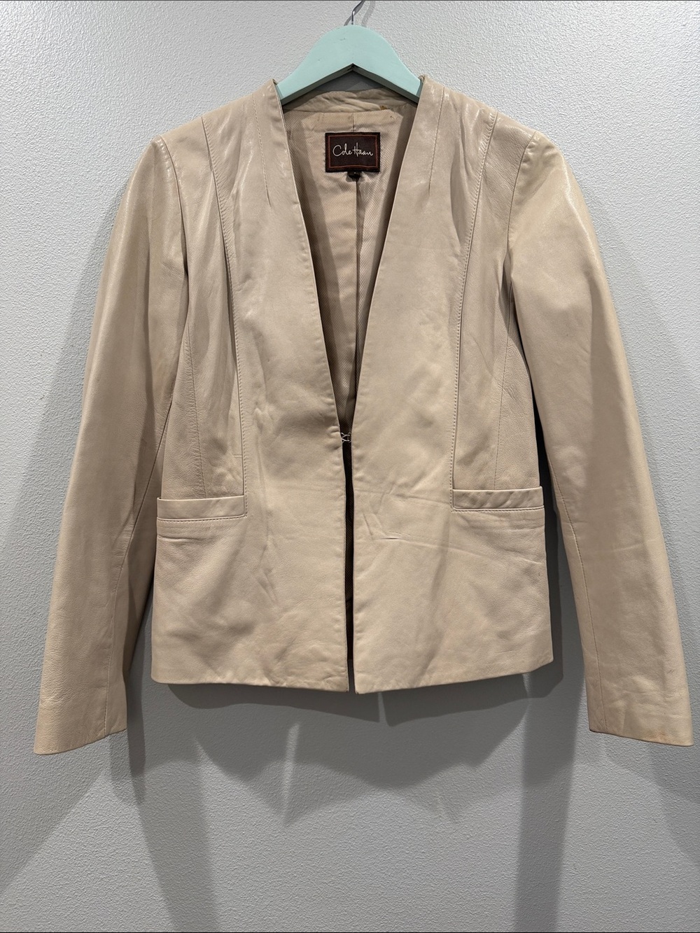 Cole Haan Beige Open-Front Leather Blazer Size 4